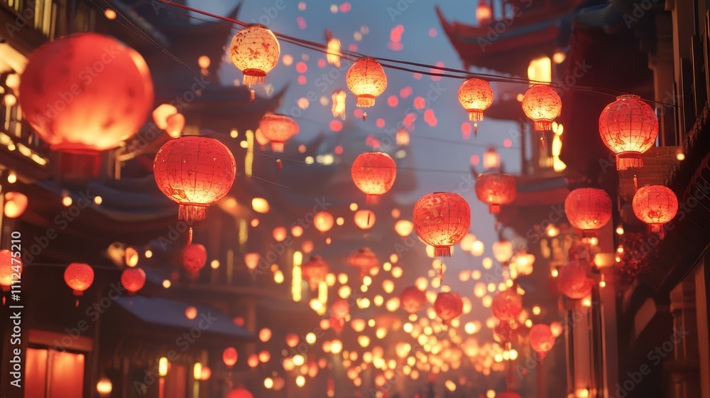 Enchanting Scene of Colorful Lanterns Illuminating a Night Sky in a Traditional Asian Street During a Festive Celebration Enchanting Scene of Colorful Lanterns Illuminating a Night Sky in a Traditional Asian Street During a Festive Celebration