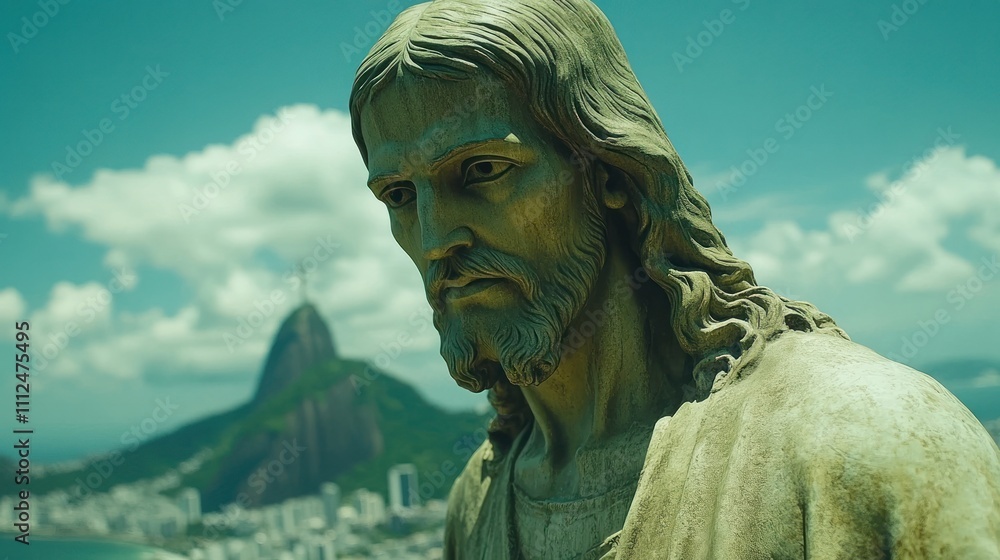 Obraz premium A close-up of a statue of Jesus overlooking a cityscape with mountains in the background.