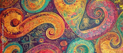 Colorful indian paisley patterns with gold accents a close-up of artistic textile design