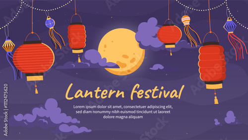 Lantern festival poster. Red lanterns at background of moon and clouds. Traditional Chinese and Asian holiday 12 february. Cover or banner for website. Flat vector illustration