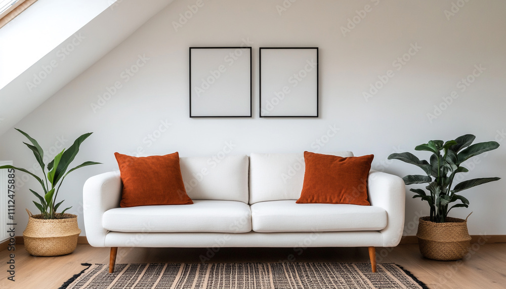 Elegant living room with a white sofa, two orange cushions, and framed artwork. Minimalist decor with green plants and cozy atmosphere. Elegant living room with a white sofa, two orange cushions, and framed artwork. Minimalist decor with green plants and cozy atmosphere.