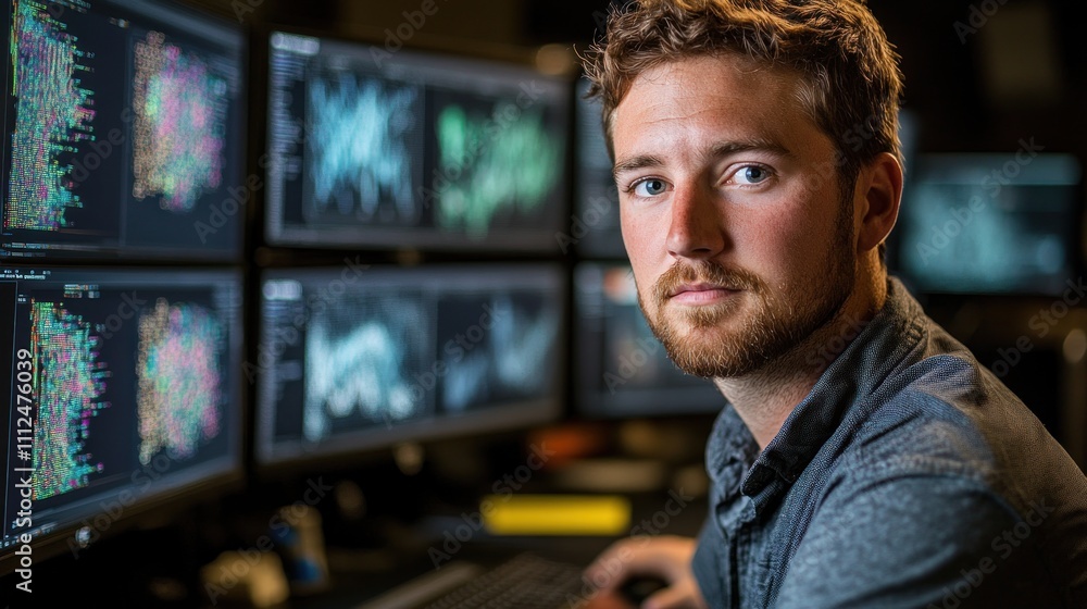 A focused individual working on data analysis at multiple computer screens. A focused individual working on data analysis at multiple computer screens.