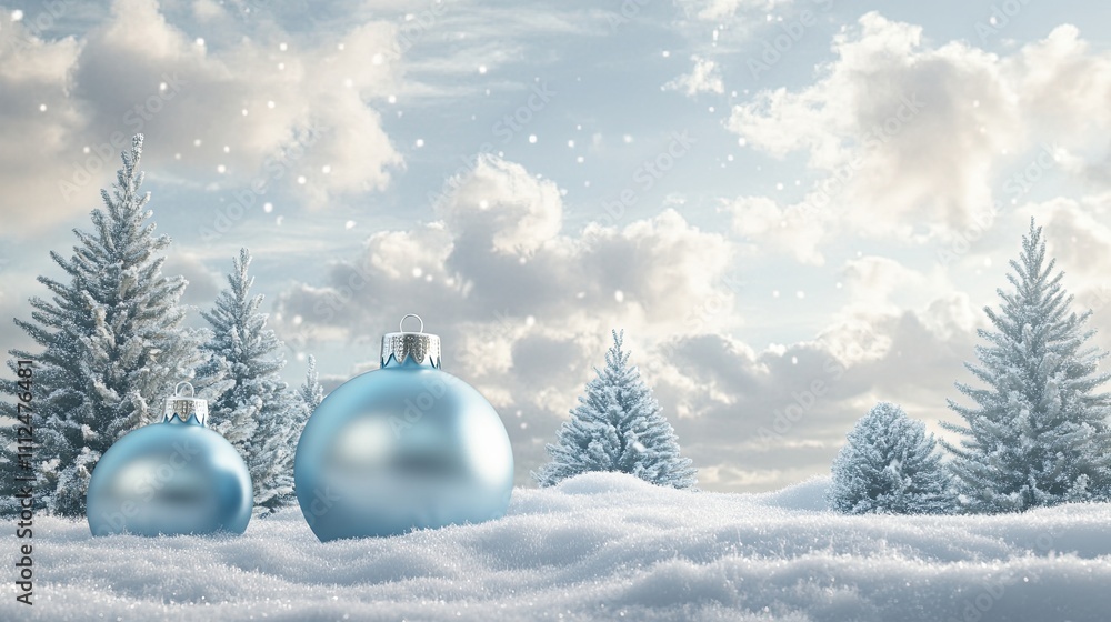 ight blue Christmas ornaments and trees on the snow in front of the sky with clouds, a winter background for product presentation ight blue Christmas ornaments and trees on the snow in front of the sky with clouds, a winter background for product presentation