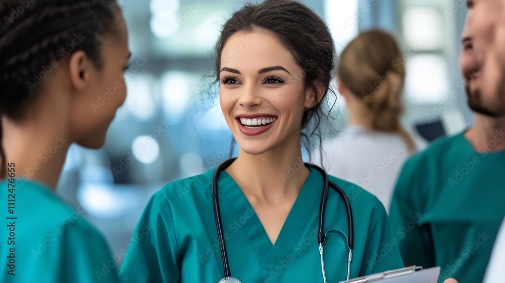 Healthcare Professionals in Scrubs Discussing in Modern Operating Room Healthcare Professionals in Scrubs Discussing in Modern Operating Room