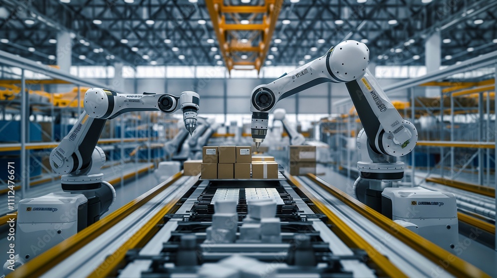 An automated packaging line in a high-tech warehouse, with robotic arms packing products and a digital system ensuring precision and speed. 32k, full ultra hd, high resolution - An automated packaging line in a high-tech warehouse, with robotic arms packing products and a digital system ensuring precision and speed. 32k, full ultra hd, high resolution -