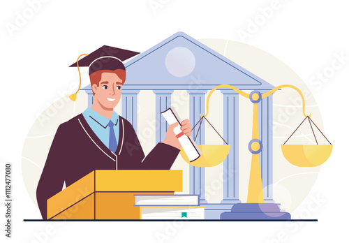 Lawyer near courthouse. Man in robe stands outside courthouse. Legal protection of deals. Judgement and justice, legislation. Flat vector illustration