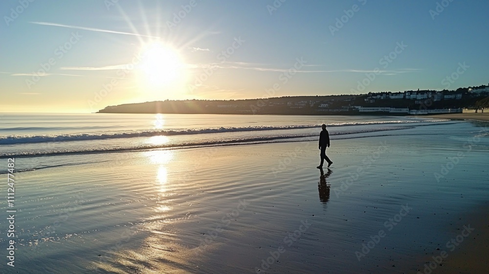 A silhouette of a person walking along the beach at sunrise, with the first light of day reflecting off the calm ocean. A silhouette of a person walking along the beach at sunrise, with the first light of day reflecting off the calm ocean.