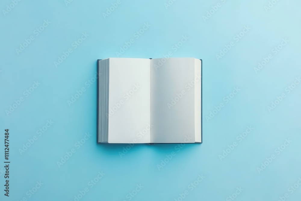 An open blank book lying flat on a light blue background An open blank book lying flat on a light blue background