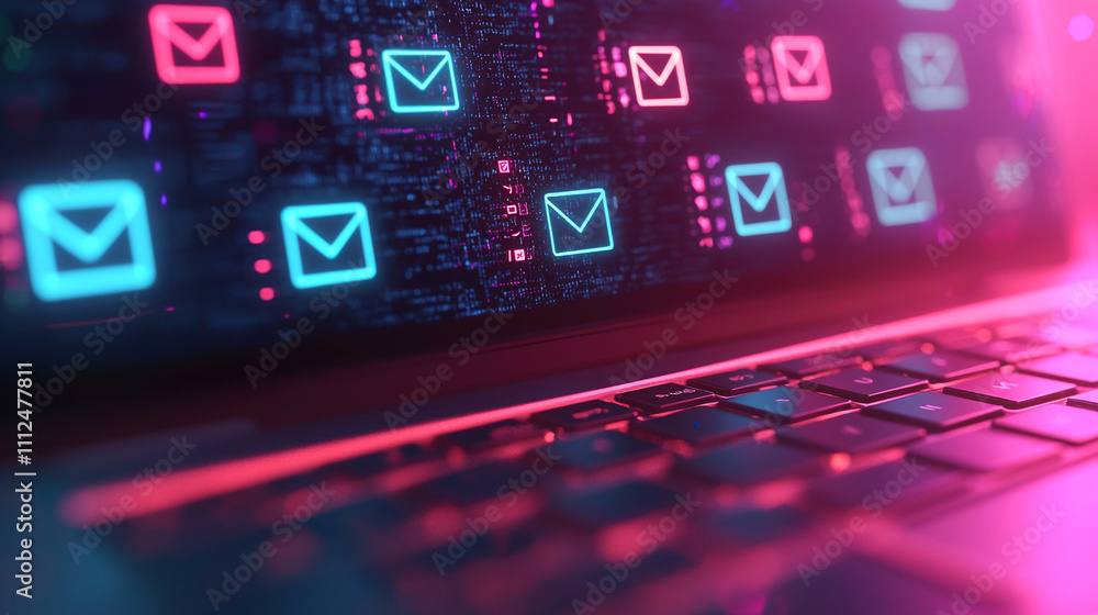 Glowing digital interface displaying email icons on a laptop keyboard, symbolizing communication and technology in a neon theme. Glowing digital interface displaying email icons on a laptop keyboard, symbolizing communication and technology in a neon theme.