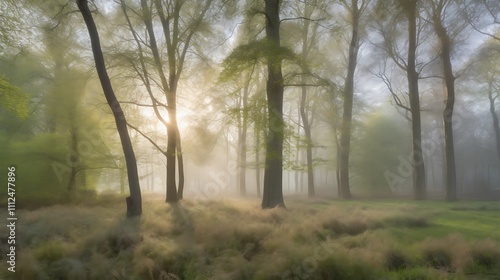 Misty Dawn Forest Sunlight Through Trees