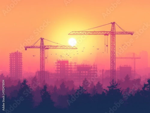 Cranes are silhouetted against a sunset over a city