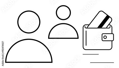 Two user profile icons next to a wallet holding a credit card. Ideal for financial management, online transactions, user profiles, digital wallets, e-commerce, security, identification. Line metaphor