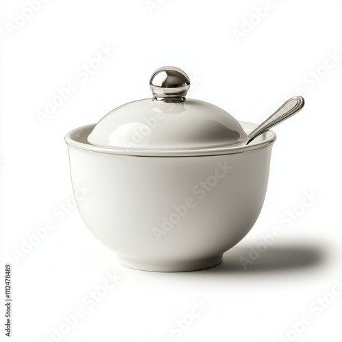 Elegant white soup bowl with lid and spoon on white isolated background.