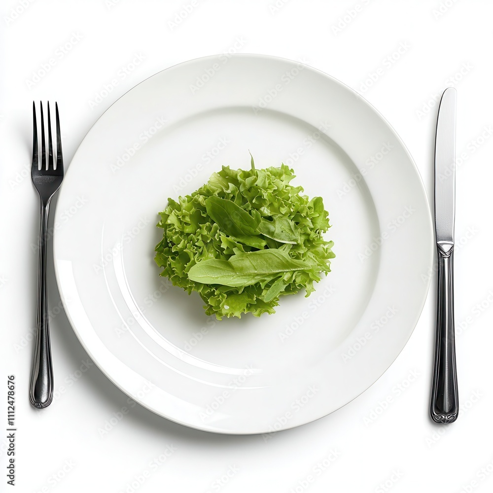 Fresh green salad served on a white plate with cutlery on a white background. Fresh green salad served on a white plate with cutlery on a white background.
