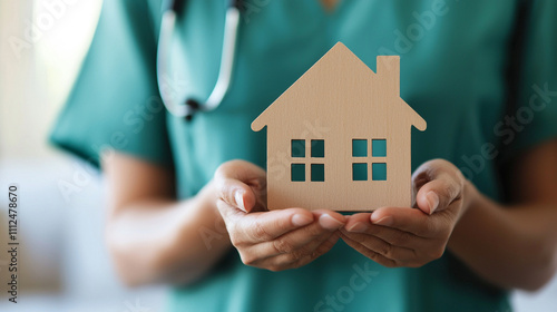 Healthcare professional holding house model, symbolizing home care and wellness support in a comforting environment.