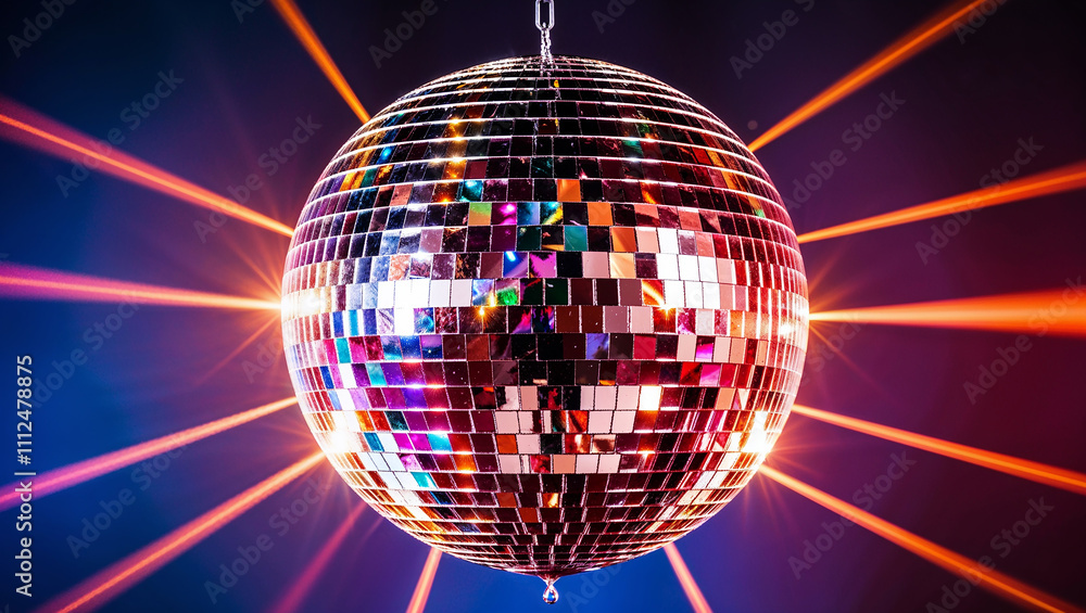 Obraz premium Shiny disco ball reflecting colorful lights in nightclub