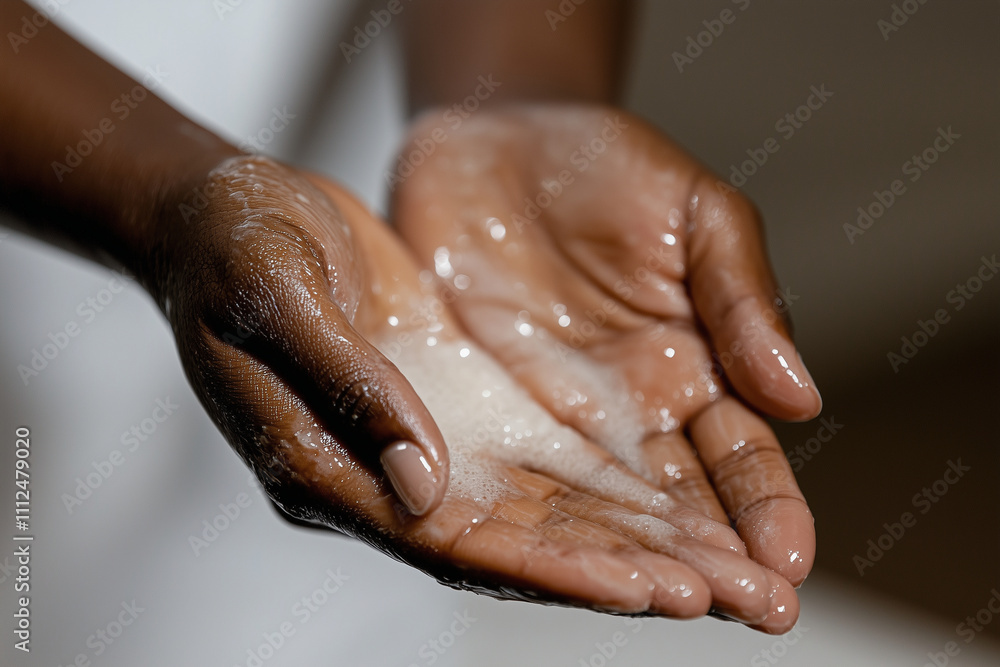 close up of hands with soap bubbles, showcasing cleanliness and care. skin tone is rich and warm, emphasizing beauty of personal hygiene