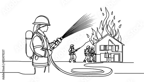 Firefighters spray water using a hose into a burning house, line art, single line continuous art