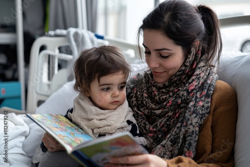 A mother lovingly reads to her child in a hospital setting, portraying the nurturing bond and emotional support during challenging times through the power of stories.