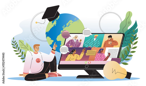 Man learning on Internet. Young guy sits in front of computer and communicates via video conference. Remote education, online courses. Flat vector illustration