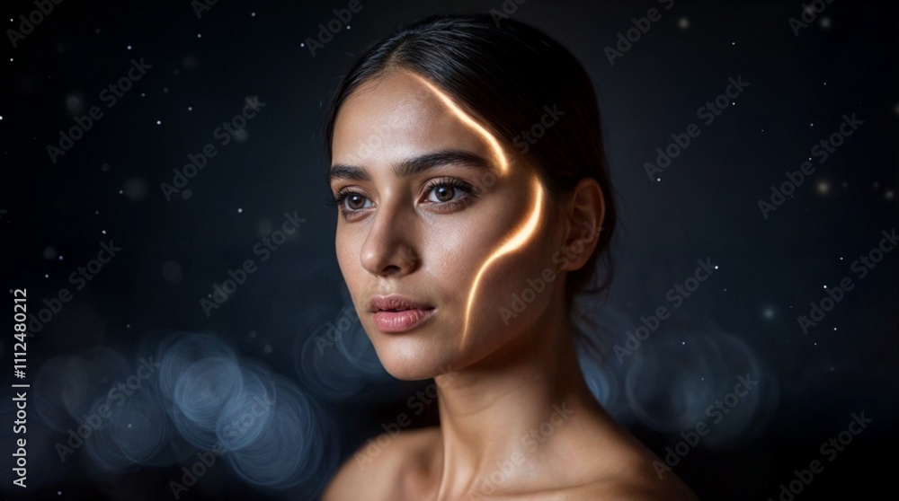 A cinematic photograph of a fair and radiant woman with light contours on the sides of her face The background is dark A cinematic photograph of a fair and radiant woman with light contours on the sides of her face The background is dark