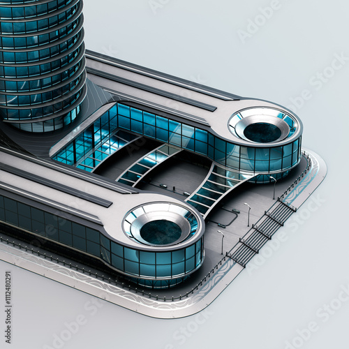 Futuristic commercial building with sleek glass facades and metallic elements, showcasing cutting-edge architectural design in an urban setting, perfect for corporate spaces, 3D rendering.