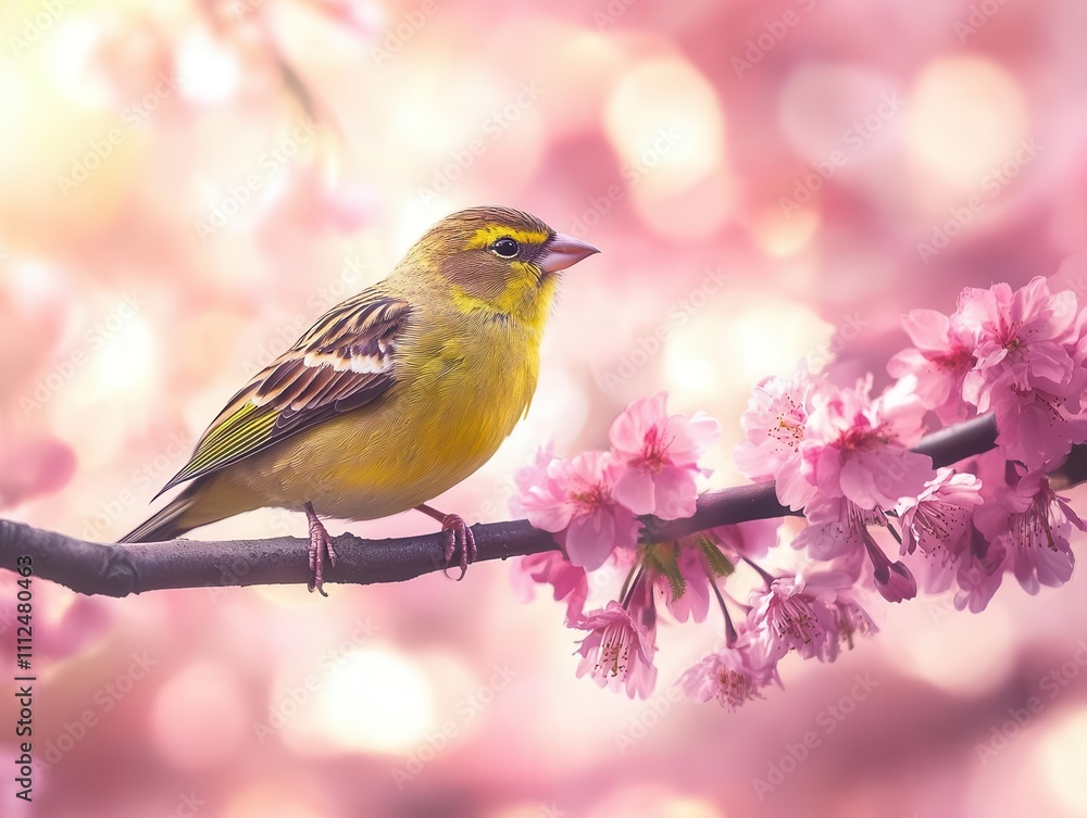 vibrant siskin perched elegantly on a blooming cherry blossom branch, surrounded by delicate pink petals and soft bokeh, capturing the intricate details of the bird's feathers and its expressive pose vibrant siskin perched elegantly on a blooming cherry blossom branch, surrounded by delicate pink petals and soft bokeh, capturing the intricate details of the bird's feathers and its expressive pose