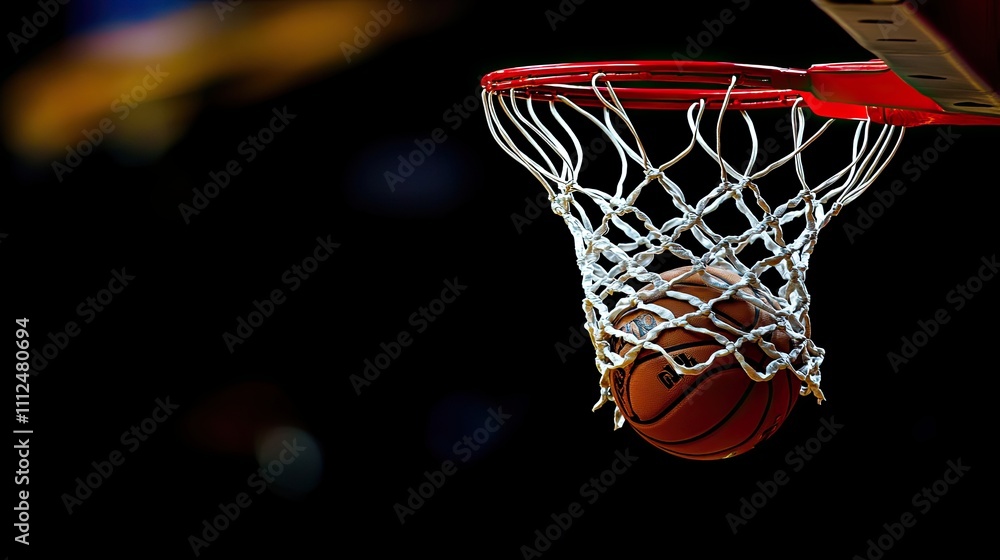 Basketball in hoop with net against dark background in arena Basketball in hoop with net against dark background in arena