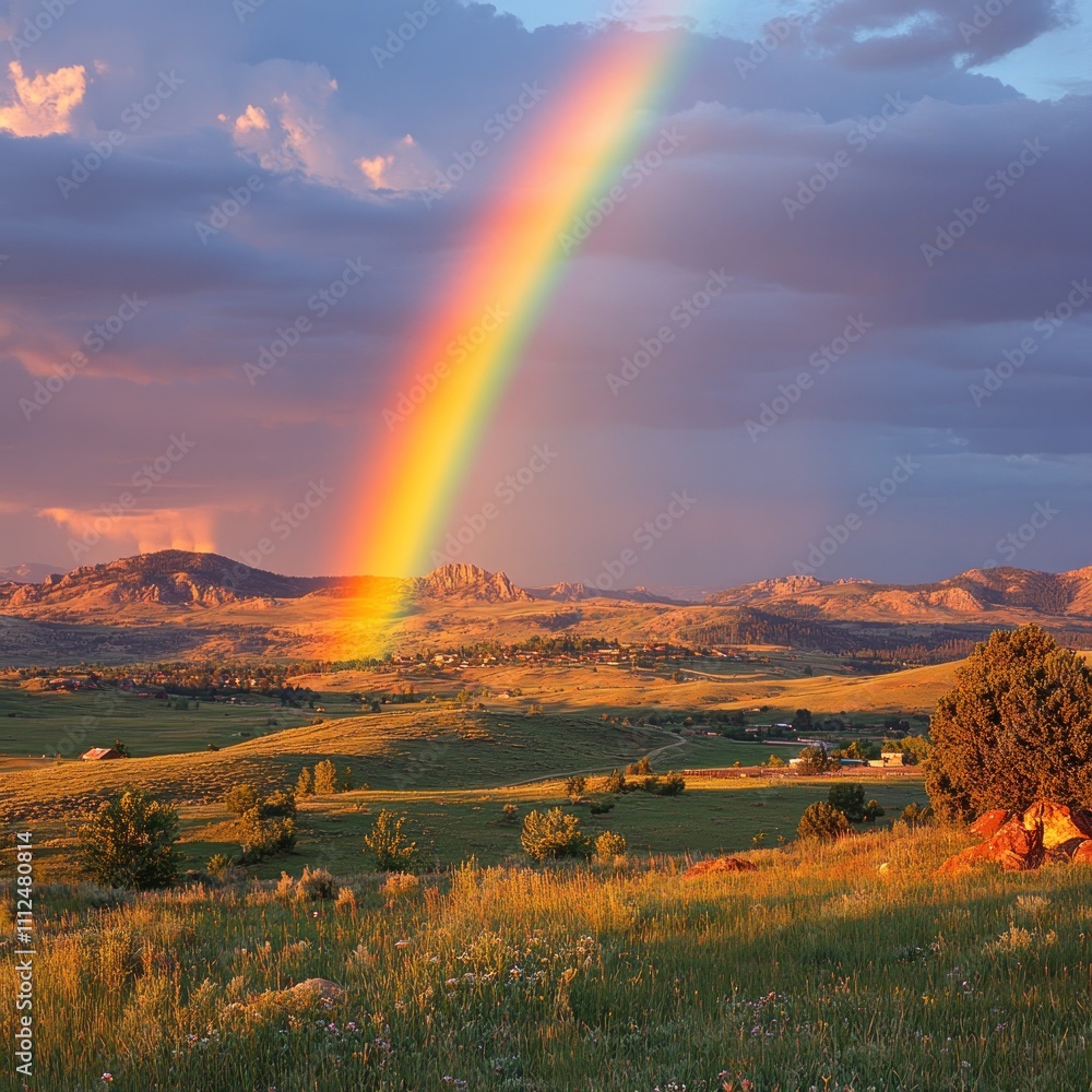 A vibrant rainbow arcs over a lush landscape with rolling hills and a serene sky. A vibrant rainbow arcs over a lush landscape with rolling hills and a serene sky.