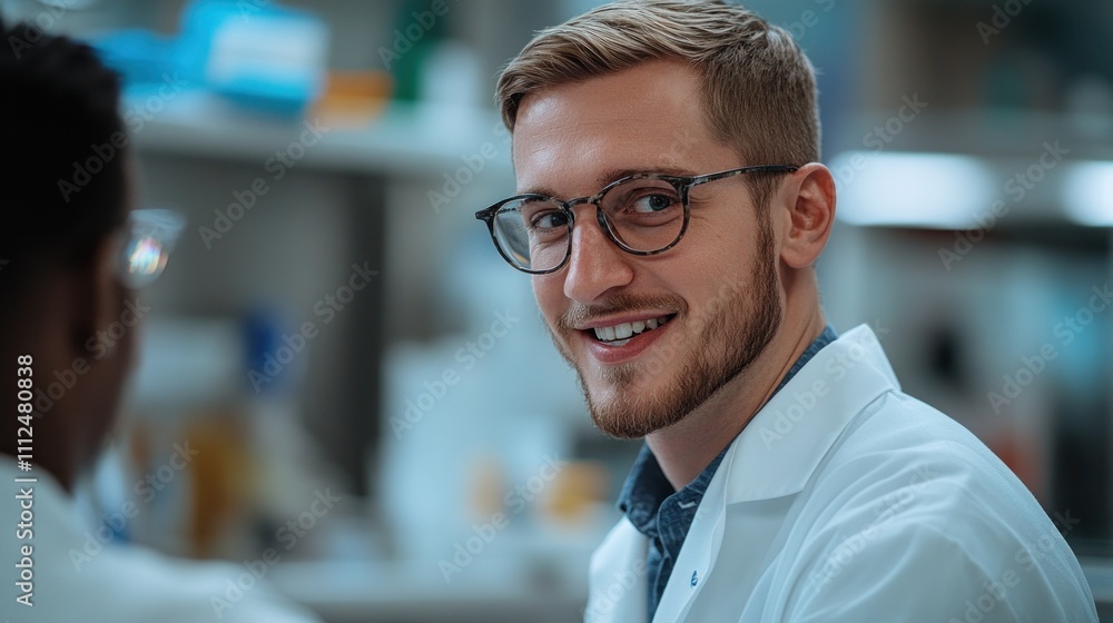 Fototapeta premium A smiling man in a lab coat engages in conversation in a scientific setting.