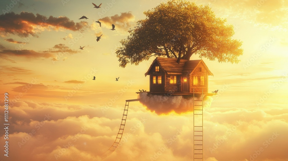 A whimsical tiny home built in a tree growing on a cloud, with a rope ladder dangling down and birds flying around in the golden sunlight A whimsical tiny home built in a tree growing on a cloud, with a rope ladder dangling down and birds flying around in the golden sunlight