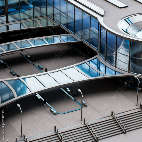 Detailed view of a futuristic commercial building entrance with glass canopies, sharp geometric forms, and sleek architectural style, showcasing modern design, 3D rendering.