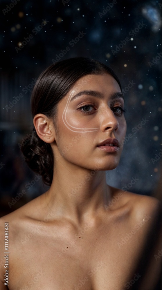 A cinematic photograph of a fair and radiant woman with light contours on the sides of her face The background is dark A cinematic photograph of a fair and radiant woman with light contours on the sides of her face The background is dark