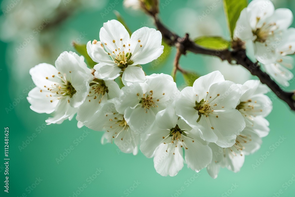 Delicate white cherry blossoms arranged on a mint green background Delicate white cherry blossoms arranged on a mint green background