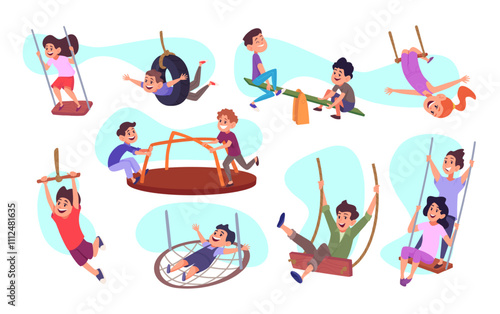 Kids on swing. Rope swing for children playground little kids have fun exact vector illustrations set