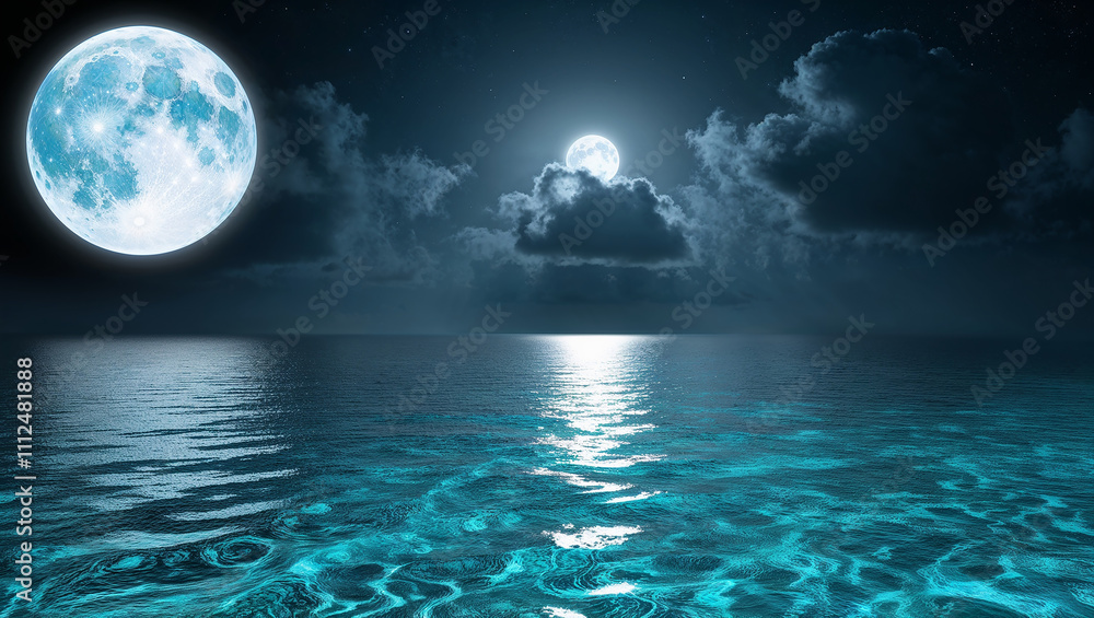 Fototapeta premium Big moon shining over calm ocean at night