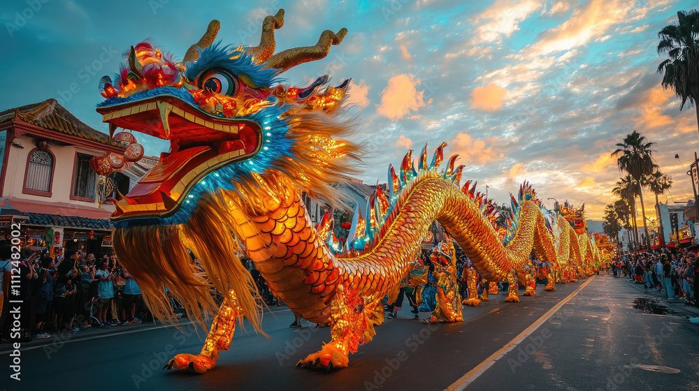 Chinese New Year Carnival, Dragon Procession, dragon figure, lunar calendar, festival, ceremony, traditional symbol, celebration, horizontal illustration Chinese New Year Carnival, Dragon Procession, dragon figure, lunar calendar, festival, ceremony, traditional symbol, celebration, horizontal illustration