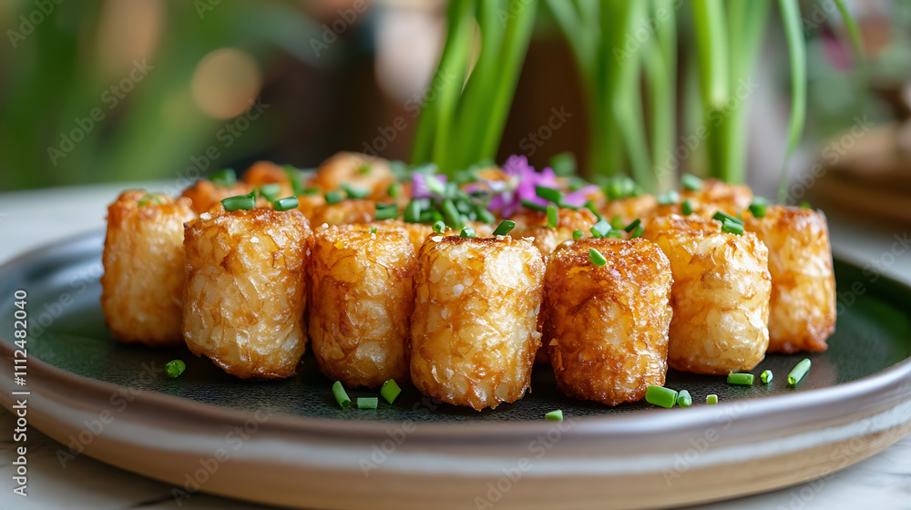 Tater tots arranged neatly on a plate, garnished with chives for a colorful touch Tater tots arranged neatly on a plate, garnished with chives for a colorful touch