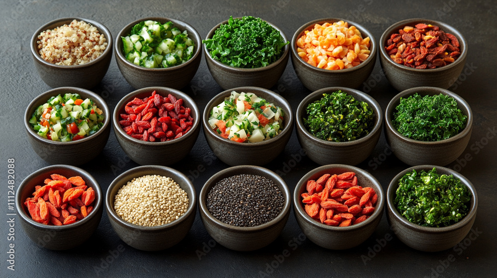 A neat grid of raw superfoods like quinoa goj A neat grid of raw superfoods like quinoa goj