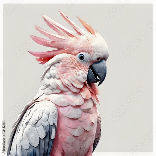 Pink Cockatoo Watercolor Paintings Wall Art, sitting on a tree branch, leaves visible behind,Tropical Illustration Poster,Generative Ai
 photo