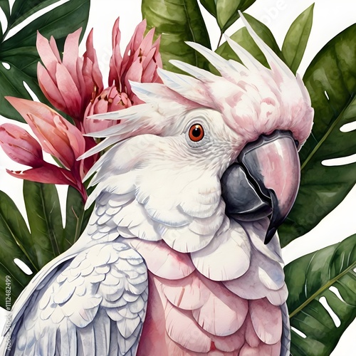 Pink Cockatoo Watercolor Paintings Wall Art, sitting on a tree branch, leaves visible behind,Tropical Illustration Poster,Generative Ai
 photo