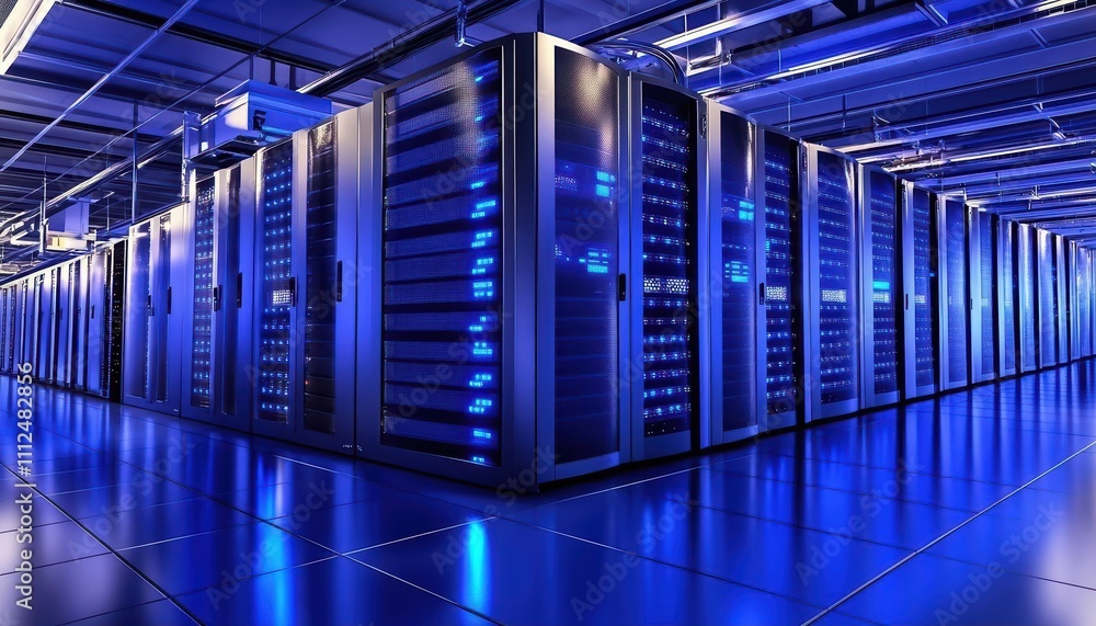 A data center filled with server racks illuminated by blue lights. A data center filled with server racks illuminated by blue lights.