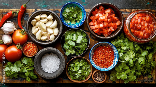 Captivating top-down view of fresh cooking ingredients arranged beautifully on a rustic wooden table