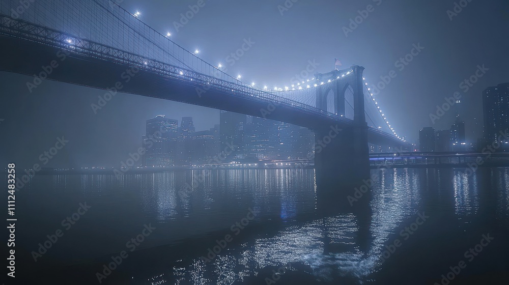 Fototapeta premium A misty night view of a bridge illuminated by lights, reflecting in the water below.