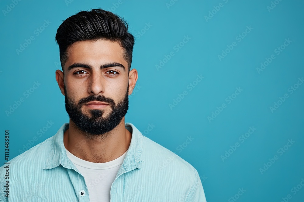 Obraz premium Man with beard in light shirt on blue background, portrait, confident look.