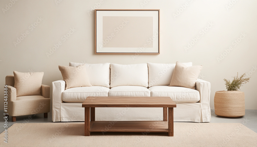 Minimalist living room with white sofa, wood coffee table, and framed art, creating a cozy and modern ambience. Minimalist living room with white sofa, wood coffee table, and framed art, creating a cozy and modern ambience.