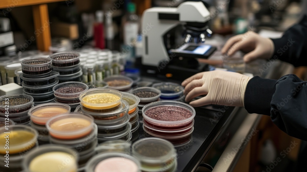 A laboratory scene with petri dishes and a microscope, focusing on scientific research. A laboratory scene with petri dishes and a microscope, focusing on scientific research.