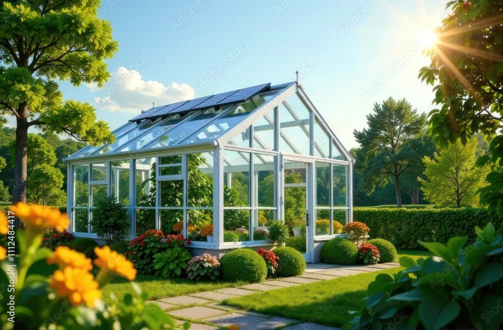 modern glass greenhouse surrounded by lush plants outdoors on sunny day. sustainable agriculture, gardening and environmental harmony. design for poster, flyer modern glass greenhouse surrounded by lush plants outdoors on sunny day. sustainable agriculture, gardening and environmental harmony. design for poster, flyer