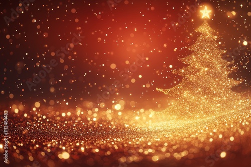 Golden Christmas Tree with Sparkling Effect and Glowing Particles on Red Gradient Background, High Detail and Cinematic Light, Digital Art