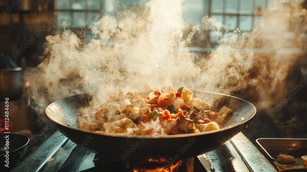 A sizzling stir-fry in a pan, emitting steam in a vibrant kitchen setting. A sizzling stir-fry in a pan, emitting steam in a vibrant kitchen setting.